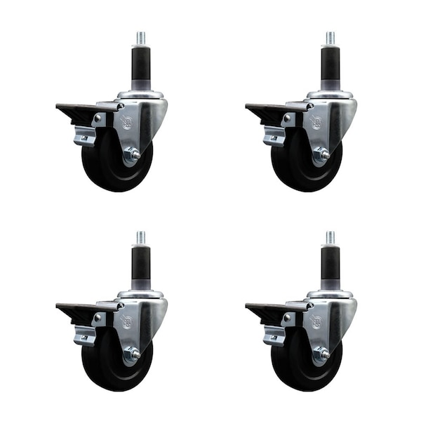 3.5'' Hard Rubber Swivel 1-1/8'' Expanding Stem Caster Set with Brake, 4PK